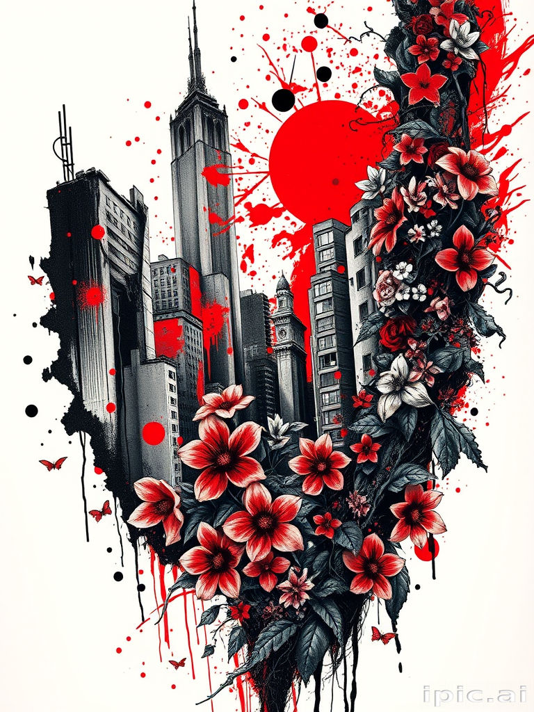 Trash polka tattoo titled "Urban Decay" combining bold, chaotic red and black elements with photorealistic grayscale imagery, featuring a crumbling cityscape juxtaposed with organic forms like vines and flowers, creating a striking contrast between man-made structures and nature's resilience