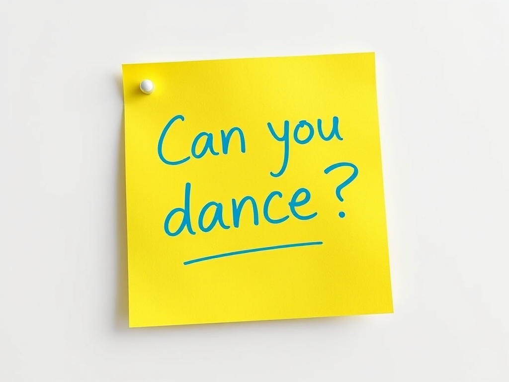 Yellow post-it note, hand written in cyan pen text "Can you dance??", 3d, hd, hyper realistic,