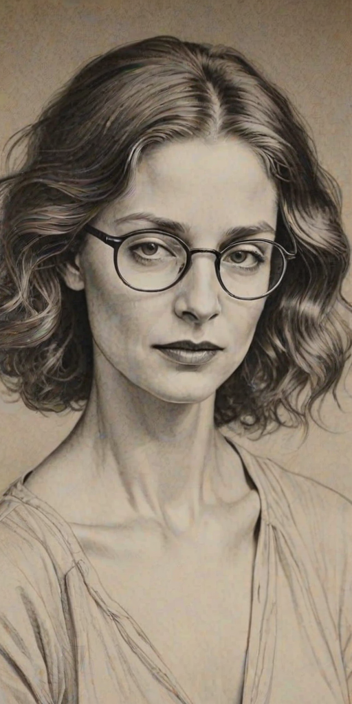 Enchanting Annie Leibovitz, pencil sketch, portrait of Captivating woman 1922s in glasses, hair style beatnik, outline, clear lines, fine lines, 8k