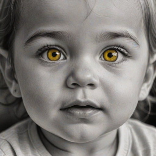 A hyperdetailed photorealistic black and white sketch of a beautiful toddler with deep Yellow eyes, with a macro focus