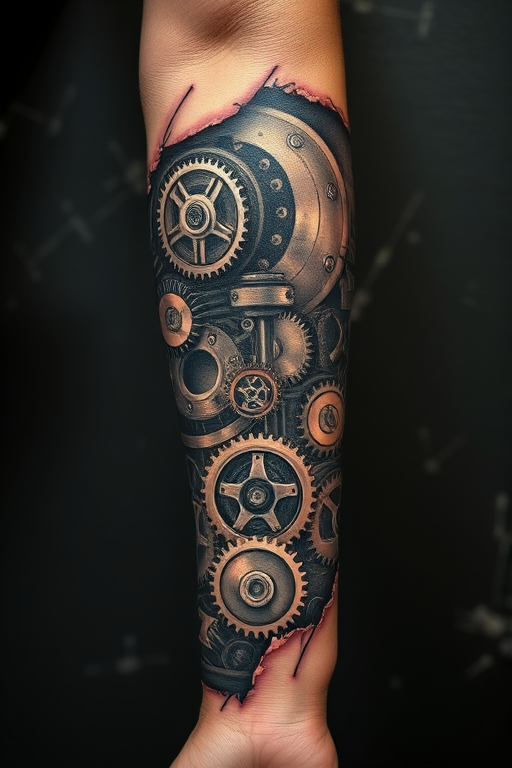 Striking biomechanical tattoo covering the forearm, revealing intricate machinery and gears beneath torn skin, utilizing shading and highlights to create a three-dimensional illusion of depth