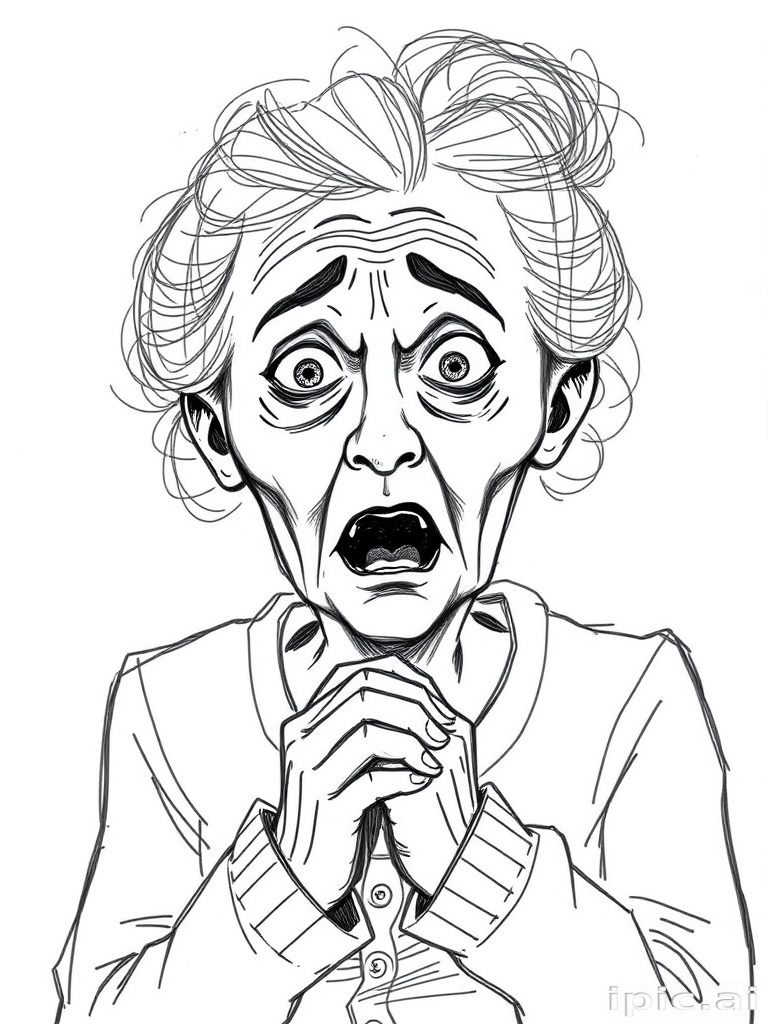 scribbly unfinished sketch, old lady with messy gray hair in a loose bun, surprised expression, mouth open, hands clasped together in front of her chest. Her eyes are wide, eyebrows are furrowed. vibe of shock or surprise.