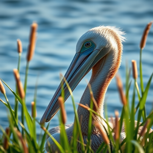 capture a close-up of a pelican in tall grass near a serene water surface, early morning light, shallow depth of field, use a DSLR camera with a 50mm lens, aperture f/2.8, ISO 100, shutter speed 1/250 sec, natural colors and high contrast