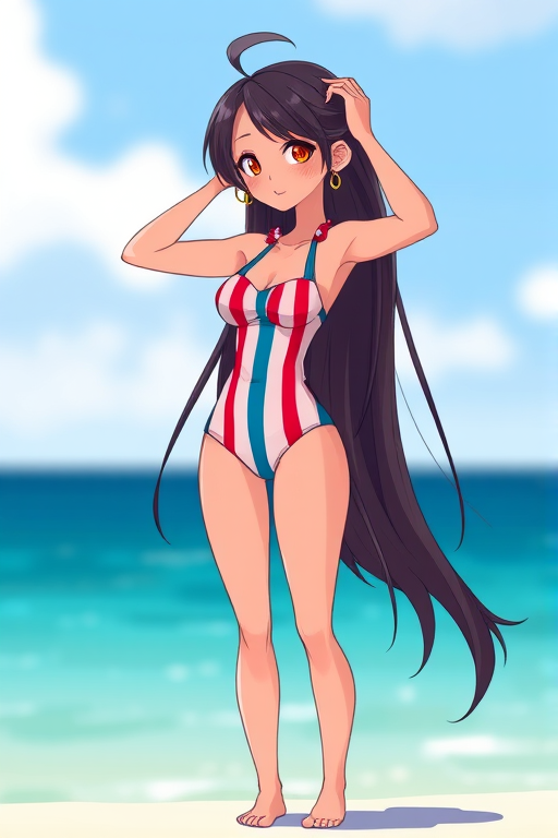 Create a digital illustration of a stylized character with long hair, wearing a striped swimsuit, standing with hands in hair, using a Canon EOS R5 with 50mm f/1.2 lens, aperture at f/2.8, ISO 100, in soft daylight, focusing on details and vibrant colors.