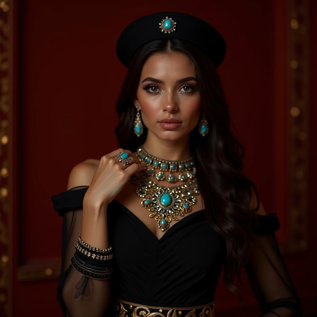 A high-quality, realistic photo, opulent portrait, captured with a Hasselblad X2D 100C, XCD 80mm f/1.9 lens. A beautiful young woman with long, dark, flowing hair and striking light eyes, adorned with elaborate and intricate jewelry. She wears a black, form-fitting top or dress with sheer, embroidered sleeves, and a richly detailed gold and black patterned skirt or belt. Her headpiece is a black, pillbox-style hat with a gold band and a central turquoise gem. She is bedecked in a multi-layered gold and silver necklace with large turquoise and clear gemstones, matching earrings, several ornate bracelets, and rings on both hands. Her expression is serene and captivating, with a direct, intense gaze. She holds one hand delicately near her face, showcasing a ring, while the other rests on her hip. The background is a luxurious deep red wall with elegant gold trim, creating a regal and timeless atmosphere.