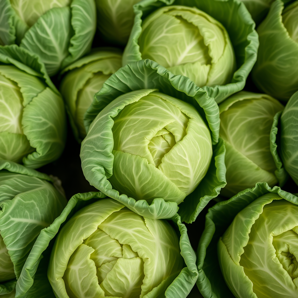 close-up shot of fresh green cabbages arranged tightly together, macro lens 100mm, aperture f/4, ISO 100, natural light, top-down view, DSLR camera