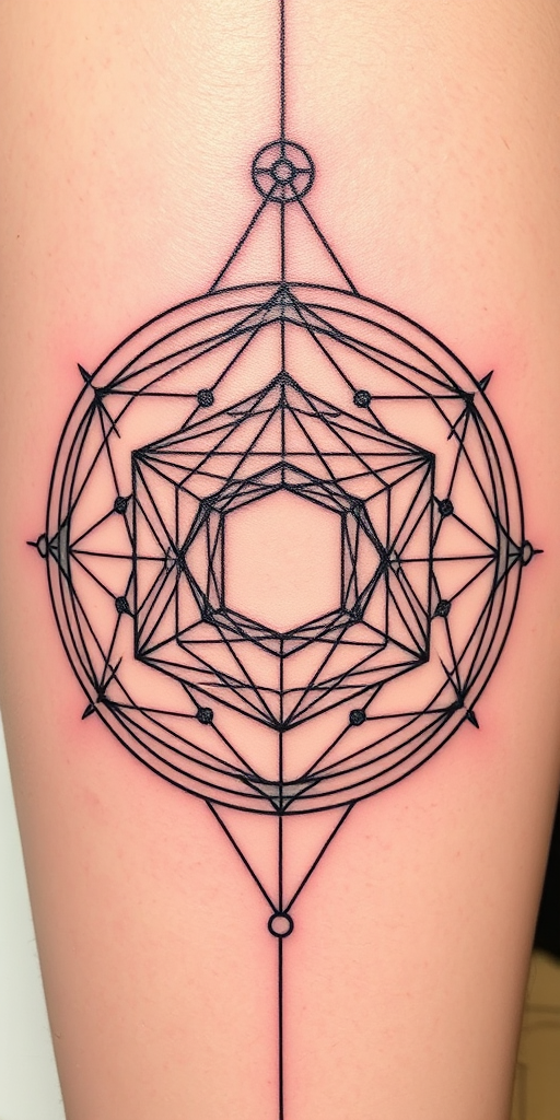 Geometric linework tattoo titled "Sacred Geometry" showcasing a complex arrangement of precise lines and shapes forming a three-dimensional cube within a circle, creating an optical illusion of depth and movement on the skin