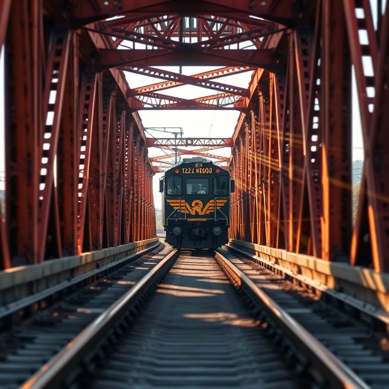 Generate a high-resolution image of a train approaching through a vibrant rust-colored iron bridge with streaks of sunlight filtering through, captured with a DSLR camera at f/2.8, 1/500s shutter speed, ISO 100, from a low angle for depth, using a 50mm lens.