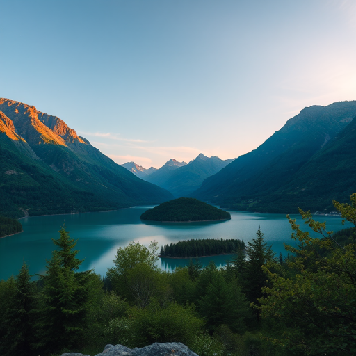 Generate a high-resolution image of a serene landscape featuring a tranquil lake surrounded by lush green mountains, sunrise lighting, with a wide-angle view, using a DSLR camera with an aperture of f/8, ISO 100, shutter speed of 1/125 sec.