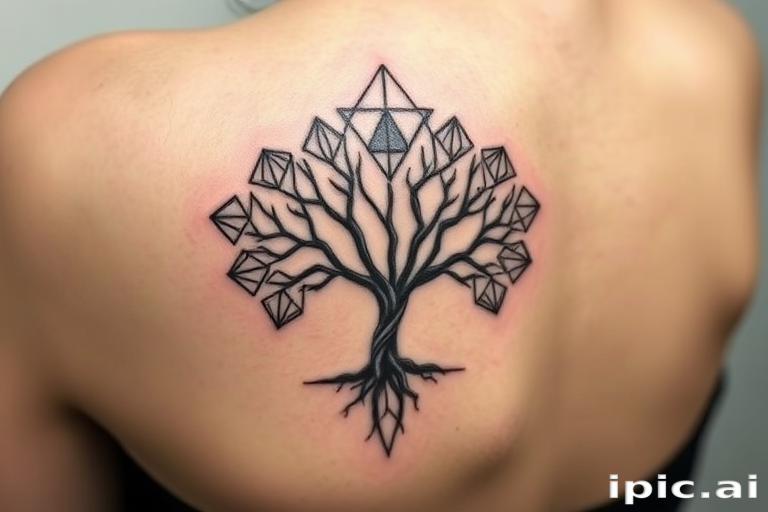 Minimalist blackwork tattoo showcasing a series of interconnected geometric shapes forming a stylized tree of life, with negative space creating intricate branch patterns and subtle shading techniques