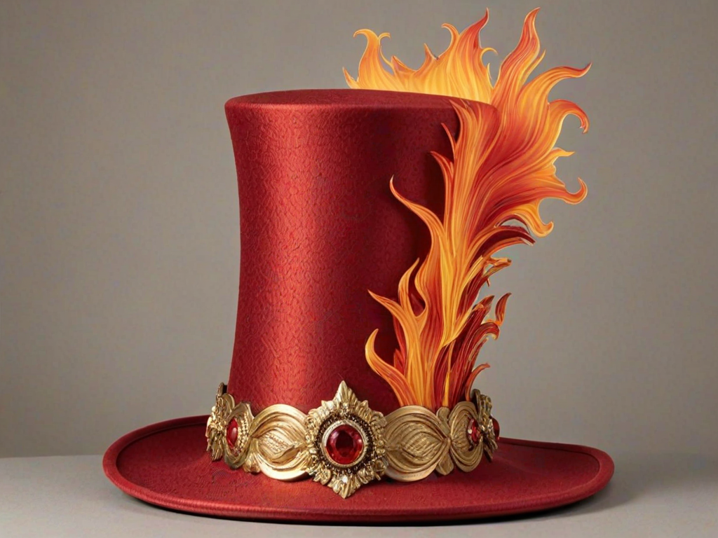 Create an image of a vibrant red top hat adorned with dynamic flame-like shapes in various shades of red. The base of the hat should feature a band with shimmering gold accents, enhancing the fiery theme. The background should be simple and light to emphasize the hat's design.