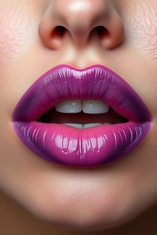 Ombre lips transitioning from deep plum to soft lavender, blended seamlessly for a gradient effect, enhancing the fullness and creating a mesmerizing visual impact