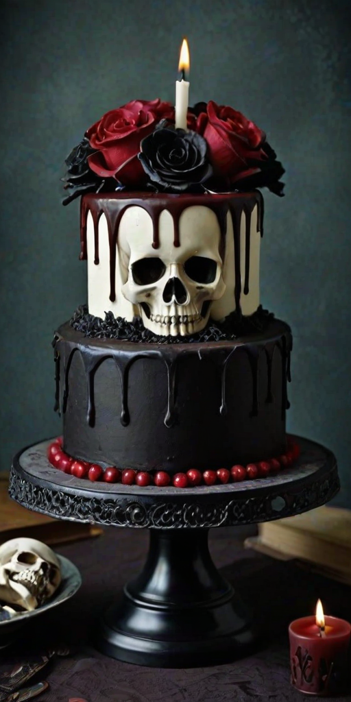 Create an image of a dark, gothic-themed cake. The cake should be chocolate with a smooth frosting, topped with decorative skulls made of fondant or chocolate. Place the cake on an elegant, vintage-style cake stand. The background should have a moody atmosphere with dim lighting, featuring items like candles, an old book, and some rustic textures.