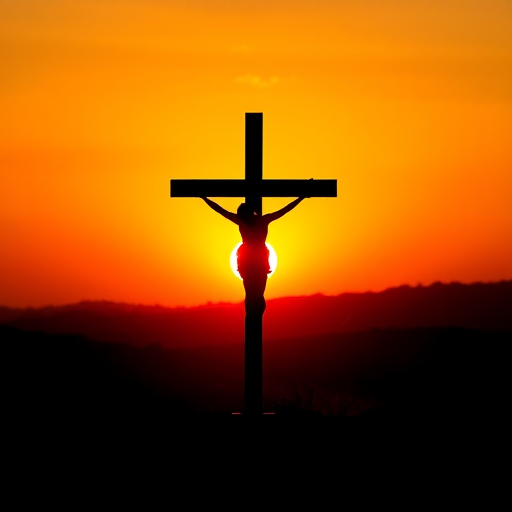 Create a minimalist silhouette image of a figure on a cross against a sunset backdrop, with a vivid orange sun setting behind low rolling hills, using a DSLR camera with a 50mm lens, aperture set to f/8, ISO 200, and a shallow depth of field, framed in landscape orientation to emphasize the horizon line.
