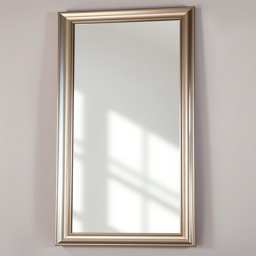 Create a high-quality image of a tall, sleek, modern mirror with a shiny silver frame reflecting subtle ambient light, captured with a DSLR camera at f/2.8, ISO 100, shutter speed 1/50s, in a portrait orientation, with natural soft lighting for an elegant appearance.