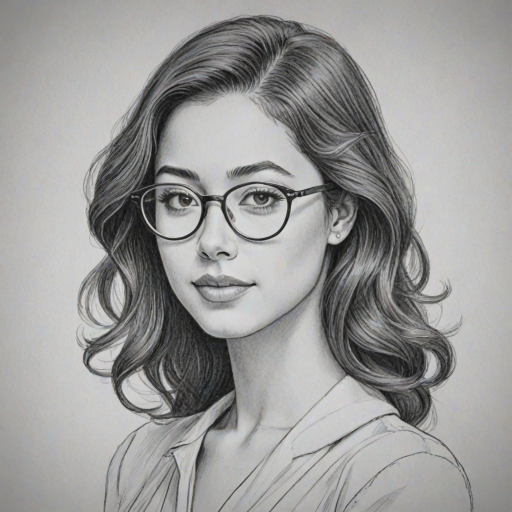Elegant Seychelle Gabriel, pencil sketch, portrait of Elegant woman 1953s in glasses, hair style beatnik, outline, clear lines, fine lines, 8k