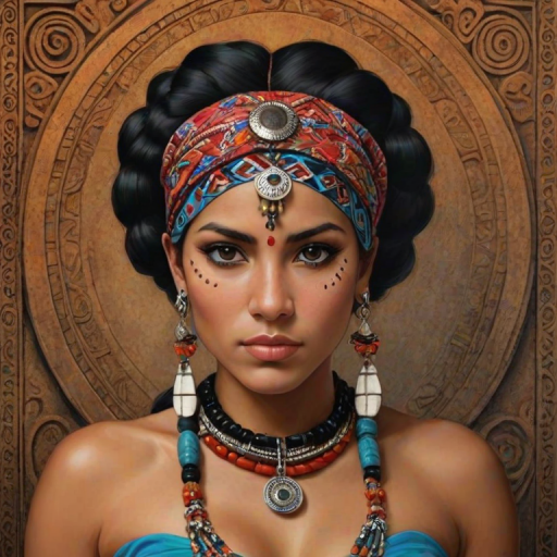 Create a portrait of a beautiful taino woman with striking black eyes and a gentle expression. She is adorned in traditional attire with intricate patterns, including a richly embroidered headscarf and matching garments. Her jewelry includes a delicate headpiece, dangling earrings, and ornate bracelets, all featuring vibrant gemstones and detailed metalwork. The background is soft and warm, enhancing the rich colors of her outfit and jewelry.