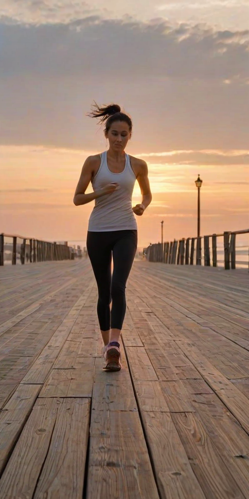 Quiet seaside boardwalk at dawn, a woman jogs along the wooden planks, her running shoes leaving faint prints as the soft orange glow of the sun breaks over the horizon.