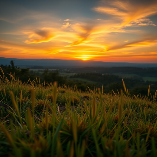 Create a high-resolution image of a serene landscape at sunset with vibrant colors, using a Canon EOS R5 camera, 24mm lens, aperture f/8, ISO 100, and HDR style, shot from a low angle view to enhance depth.