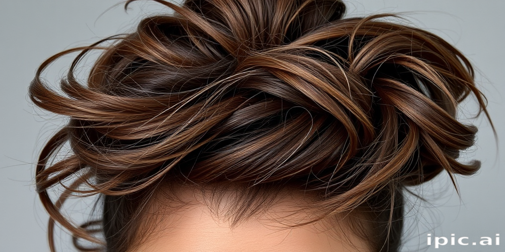 Smoky Quartz Tousle exhibits a multidimensional ash brown color with subtle grey undertones, styled in an effortlessly chic messy bun with face-framing pieces
