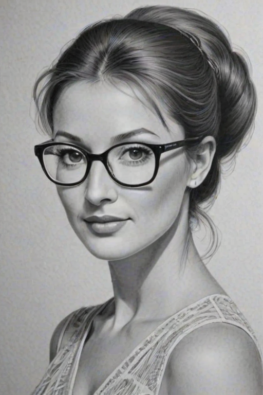 Graceful Jane Seymour, pencil sketch, portrait of Wonderful woman 1957s in glasses, hair style beatnik, outline, clear lines, fine lines, 8k