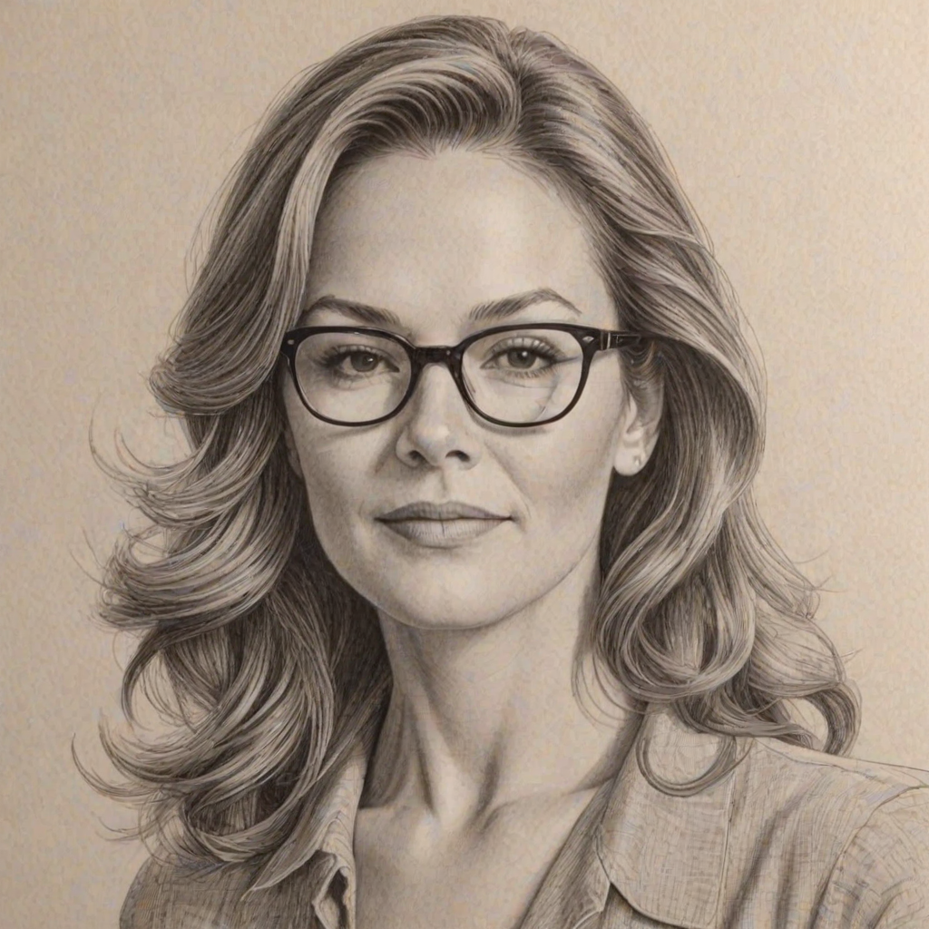 Gorgeous Diane Lane, pencil sketch, portrait of Enchanting woman 1958s in glasses, hair style beatnik, outline, clear lines, fine lines, 8k