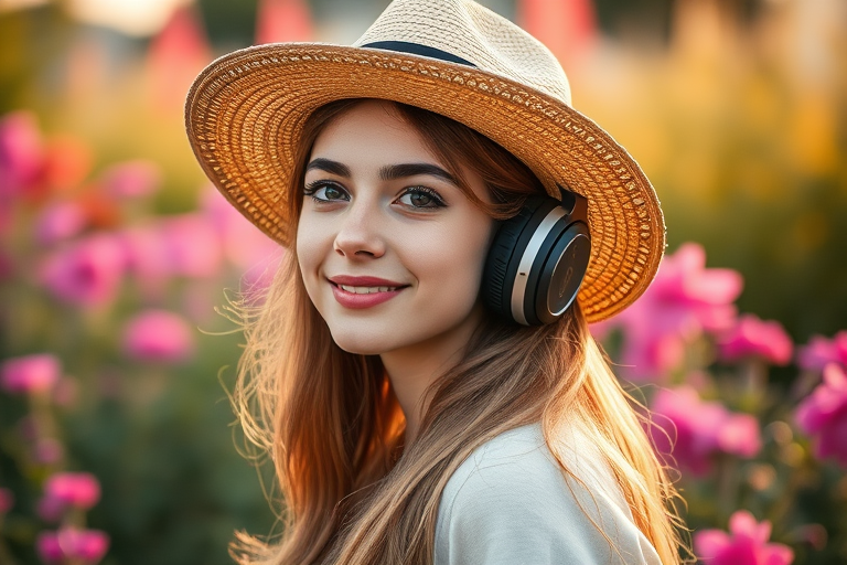portrait of a young woman wearing a straw hat and headphones in a flower garden, soft focus background with vibrant pink flowers, natural light, 50mm lens, aperture f/1.8, ISO 100, shot in golden hour for warm tones and enhanced depth of field