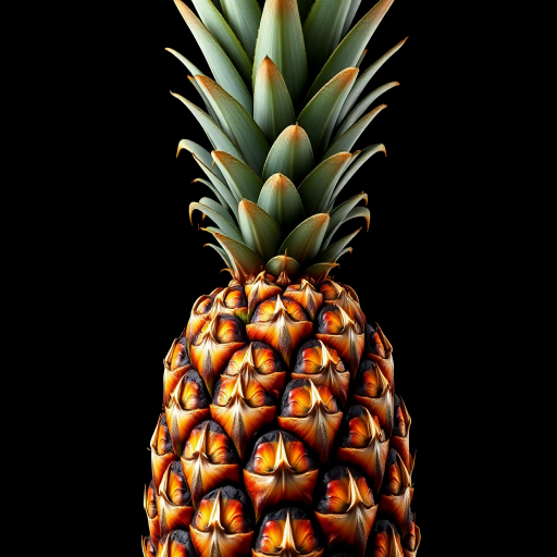 Create a detailed vector illustration of a pineapple with a black background, using a Canon EOS 5D Mark IV camera, 50mm lens, f/2.8 aperture, ISO 100, 1/200 sec shutter speed, focusing on sharp lines and high contrast for enhanced quality.