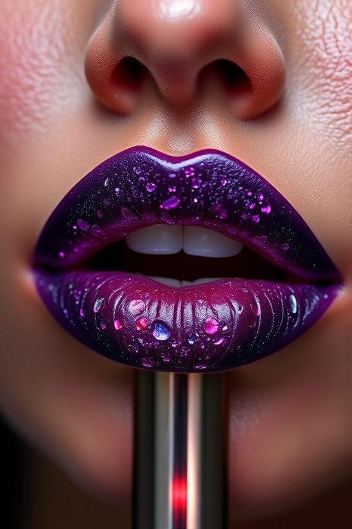 Alluring "Amethyst Aura" lipstick transforms lips with a deep purple hue and multidimensional shimmer, creating a mesmerizing, gem-like effect