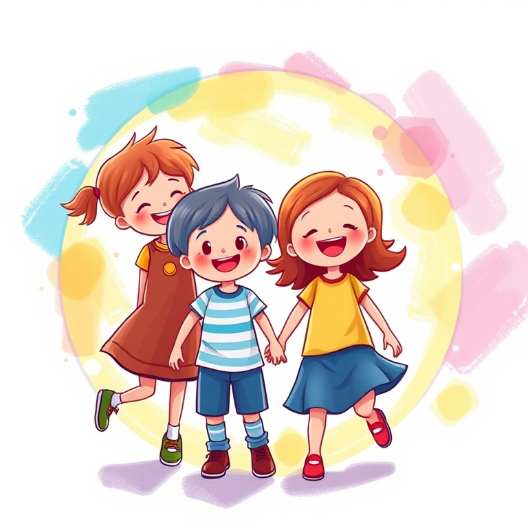 Create a vibrant circular illustration of children holding hands, smiling, and playing together, using a digital art style, with high resolution, Canon EOS R5, 50mm lens, f/1.8 aperture, ISO 100, and bright, colorful background.