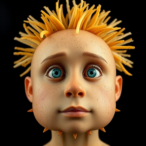 Generate an imaginative portrait of a humanoid character with a face resembling a potato, featuring spiky golden fries as hair, eyes that are vibrant blue, and a smooth skin texture with speckles, captured with a DSLR camera at f/2.8 aperture, 50mm lens, natural lighting, shallow depth of field, and a black background.