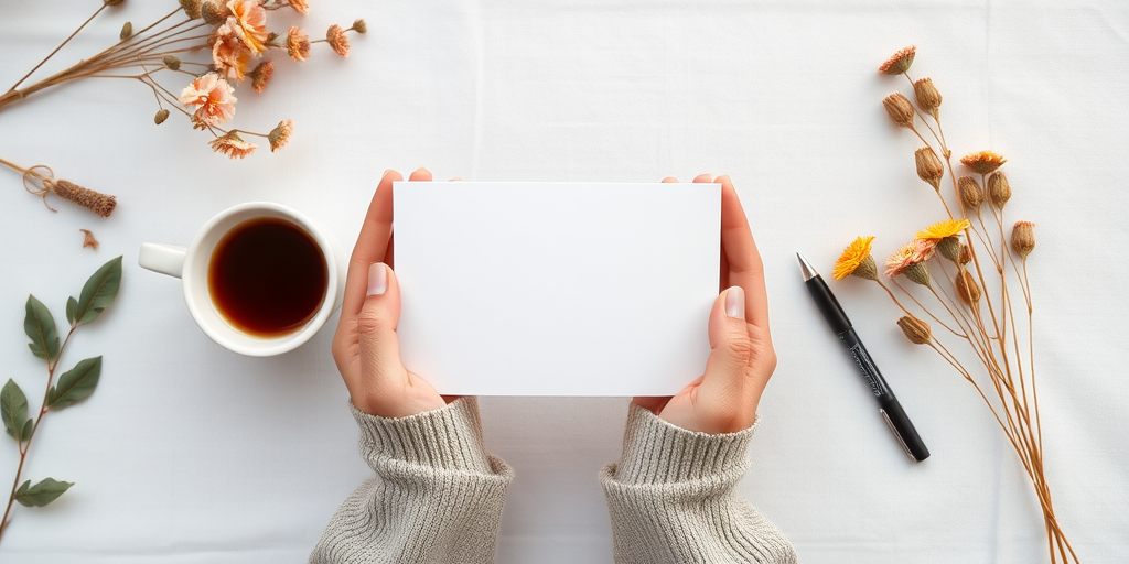 Aesthetic flat lay of a blank white card held by hands in a cozy setting with a cup of coffee, dried flowers, and a pen, soft natural lighting, shallow depth of field, 50mm lens, f/2.8 aperture, ISO 100, top-down view, digital camera.