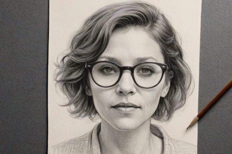 Beauteous Maggie Gyllenhaal, pencil sketch, portrait of Fetching woman 1974s in glasses, hair style beatnik, outline, clear lines, fine lines, 8k