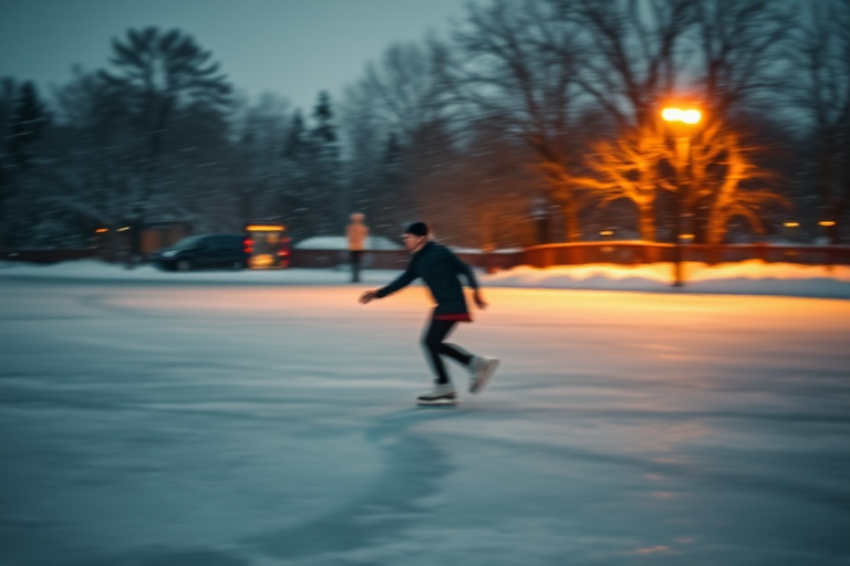 Blurry action shot of a person ice skating on a frozen pond at dusk, soft golden light from a nearby streetlamp illuminating the scene, with snow gently falling and trees swaying in the wind.