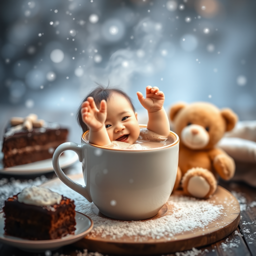 Create a whimsical scene of a small child playfully emerging from a steaming mug of hot chocolate, surrounded by snowflakes, with a slice of chocolate cake and a teddy bear nearby, using a DSLR camera with a 50mm lens, f/1.8 aperture, ISO 200, natural soft lighting, and a shallow depth of field to enhance image quality.