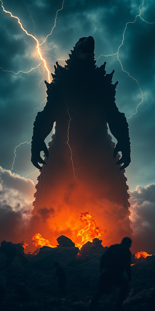Create a dramatic scene featuring a towering monster silhouette against a stormy sky with lightning, surrounded by flames and smoke, captured with a Canon EOS R5, 24mm f/1.4 lens, at f/2.8, ISO 400, shutter speed 1/250s, in a low-angle shot to enhance the sense of scale and intensity.