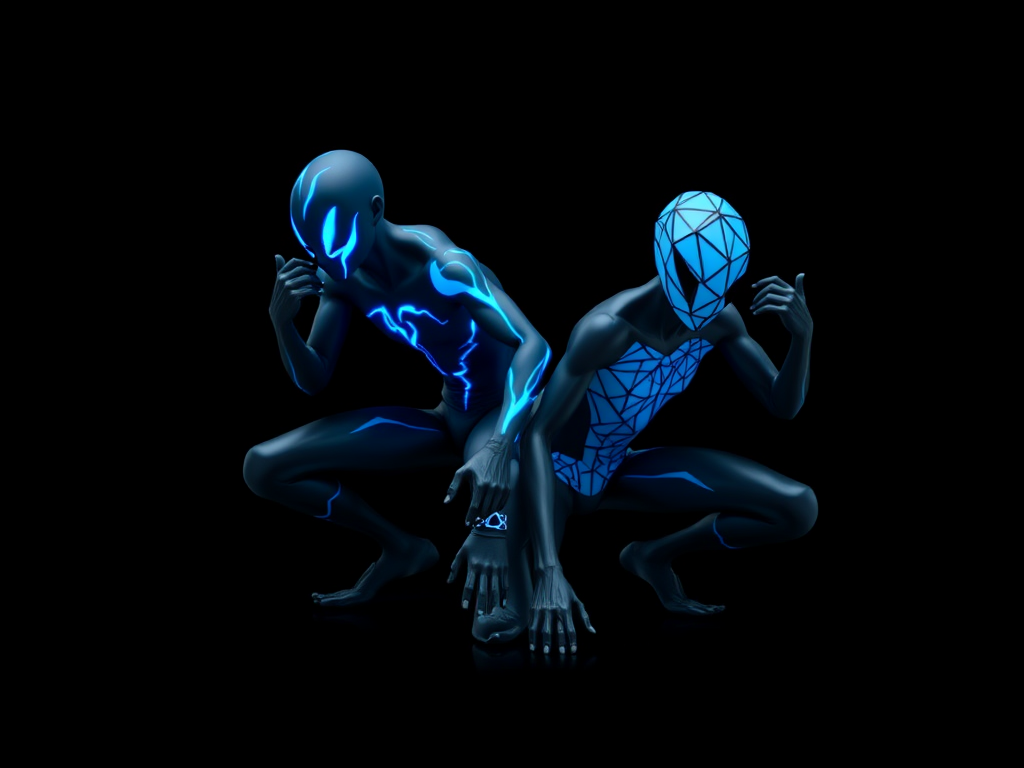 Create a digital art image of two stylized humanoid figures, one with a blue lightning motif and the other with a blue geometric pattern, both crouched in a dynamic pose against a black background; use a Canon EOS R5, 85mm lens, f/1.8 aperture, ISO 100, with a soft focus effect to enhance details and contrast.