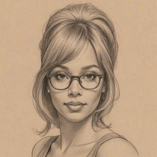 Delightful Tiffany Hines, pencil sketch, portrait of Charming woman 1974s in glasses, hair style beatnik, outline, clear lines, fine lines, 8k