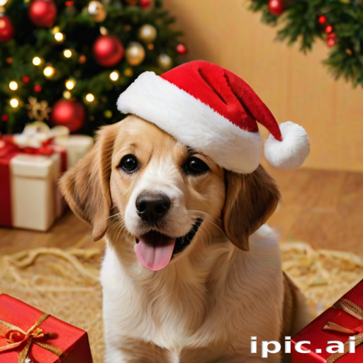 A Cheerful Dog Wearing a Santa Hat Surrounded by Christmas Decorations.
