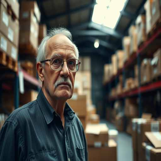 an elderly man with glasses standing in a dimly lit warehouse filled with cardboard boxes, soft natural lighting, shallow depth of field, 50mm lens, f/1.8, ISO 400, 1/100s, captured with a DSLR camera