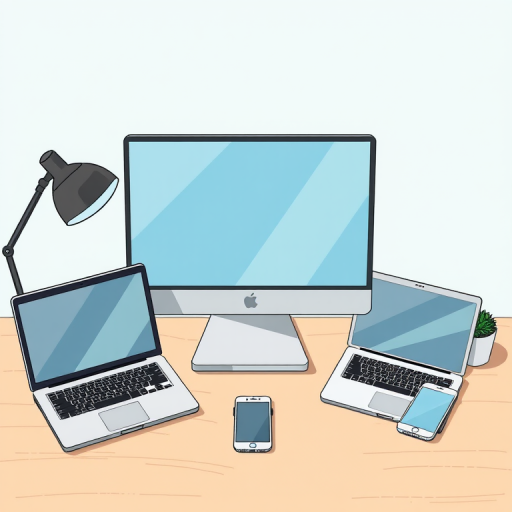 Create an illustration featuring a desktop monitor, a laptop, a tablet, and a smartphone arranged artistically, captured with a DSLR camera, 50mm lens, f/1.8 aperture, ISO 100, natural lighting, shot from a top-down view to emphasize depth.