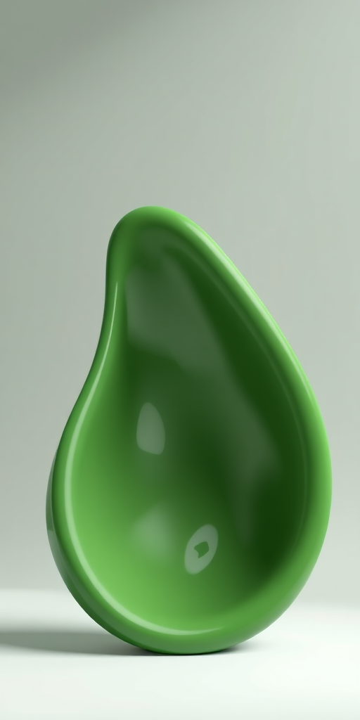 Create a 3D render of a smooth green abstract organic shape with a glossy finish, using a Canon EOS R5 camera, aperture f/2.8, focal length 35mm, ISO 100, in a soft diffused lighting environment to enhance texture and depth.