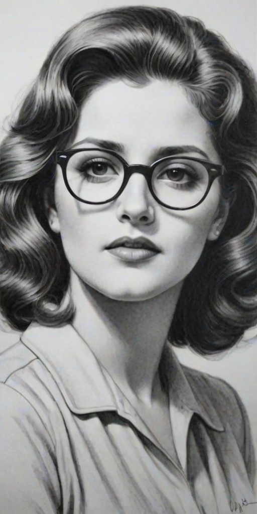 Alluring Brenda Vaccaro, pencil sketch, portrait of Graceful woman 1949s in glasses, hair style beatnik, outline, clear lines, fine lines, 8k