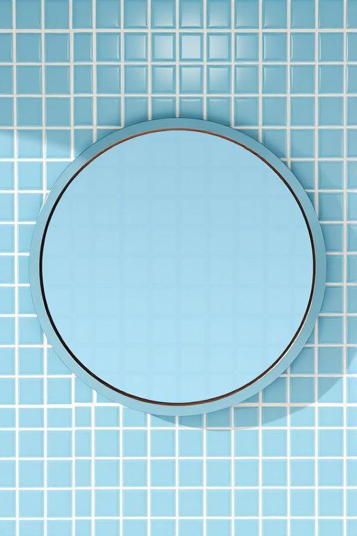 Create a high-resolution image of a round mirror surrounded by light blue tiles, using a DSLR camera with a 50mm lens, aperture set to f/2.8, ISO 100, and a soft natural lighting style to enhance reflections and colors.