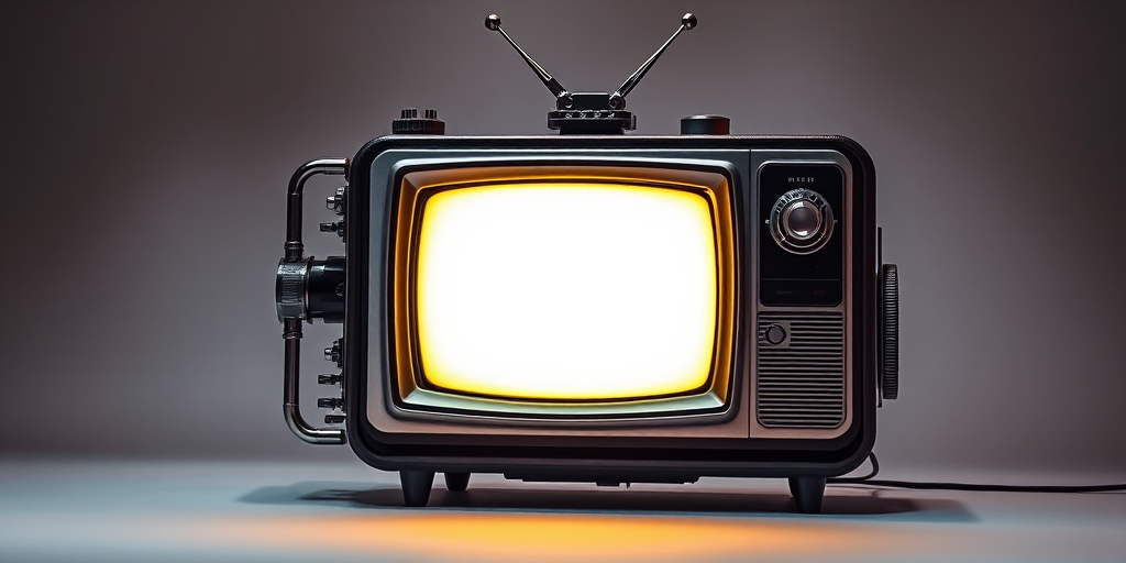 Create a high-resolution image of a retro-futuristic television with intricate mechanical details and a glowing screen, captured using a DSLR camera at f/2.8 aperture, ISO 100, 50mm lens, in a studio setting with soft box lighting for even illumination.