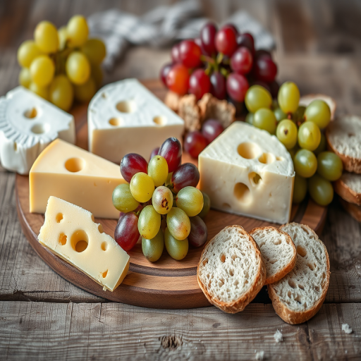 Create a still life composition featuring various types of cheese with holes, colorful grapes, and slices of bread arranged on a rustic wooden table, using a DSLR camera with a 50mm lens at f/2.8, 1/125s shutter speed, ISO 100, natural soft lighting, and a shallow depth of field to enhance detail and texture.
