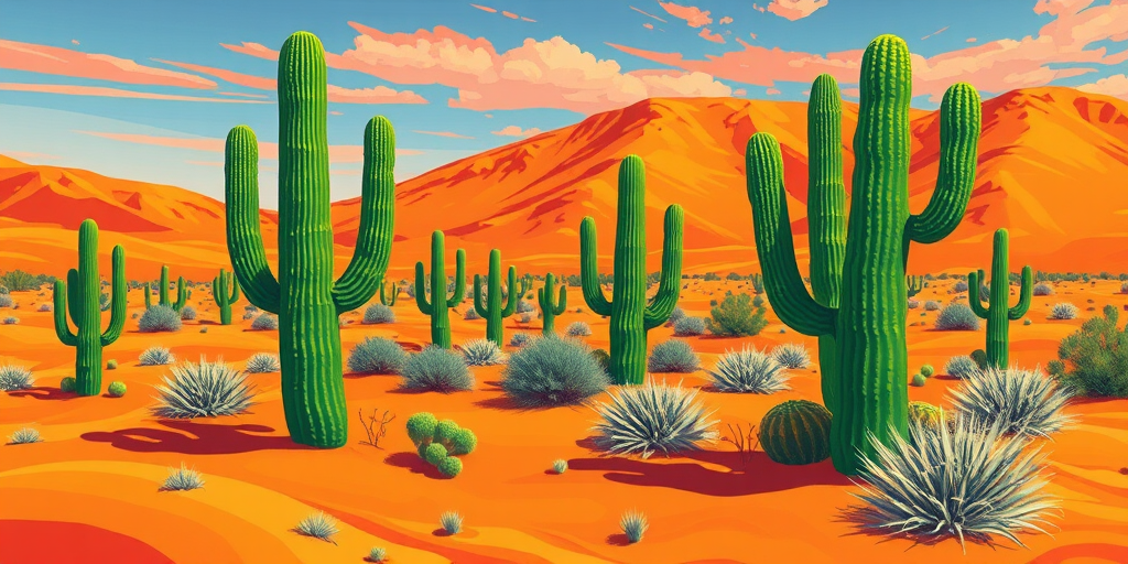 Create a vibrant illustration of a desert landscape featuring multiple green cacti against a colorful background of orange sand and sparse vegetation, using a digital art style with high saturation and sharp details, reminiscent of a wide-angle lens effect.