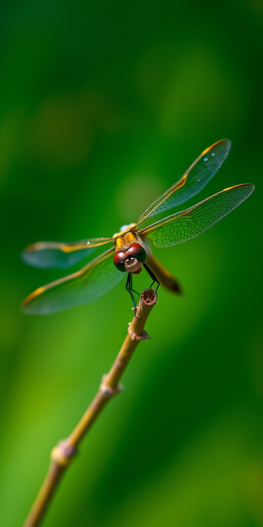 A close-up of a dragonfly perched on a twig, with a blurred green background, using a macro lens, f/2.8 aperture, 1/200 sec shutter speed, ISO 100, in natural light, shot with a DSLR camera.