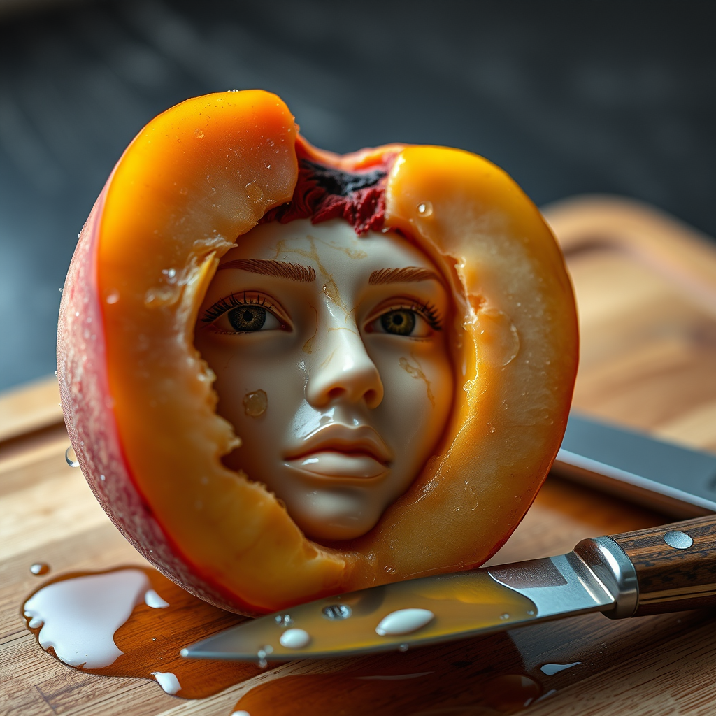 A hyperdetailed photorealistic macro color saturated high resolution image of a peach cut in half, with the peach pit being a highly detailed sculpted woman's face with her eyes open and peach-colored irises. The face has a marble texture. The image includes condensation, moisture, and peach juice. The peach is on a wooden cutting board with a small fruit knife nearby, also covered with juice.