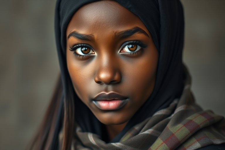 Create a portrait of a young African American female with long, dark hair and captivating hazel eyes. She is wearing a black headscarf and a matching scarf draped gracefully around her neck. The background is softly blurred, focusing attention on her serene and natural expression. The overall color palette is muted and warm, enhancing the intimate and authentic feel of the portrait.